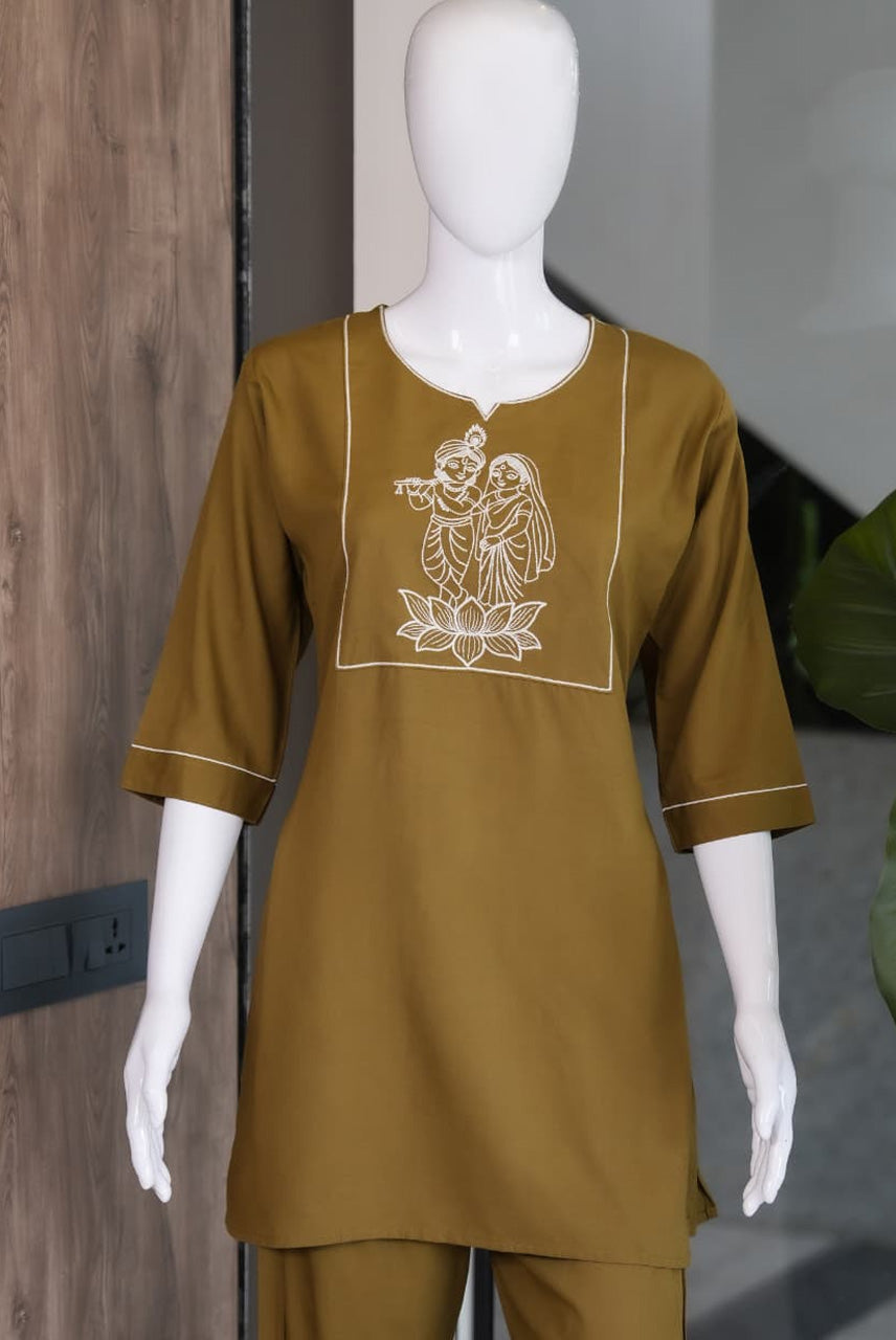 Olive Green Embroidered Co-Ord Set for Women