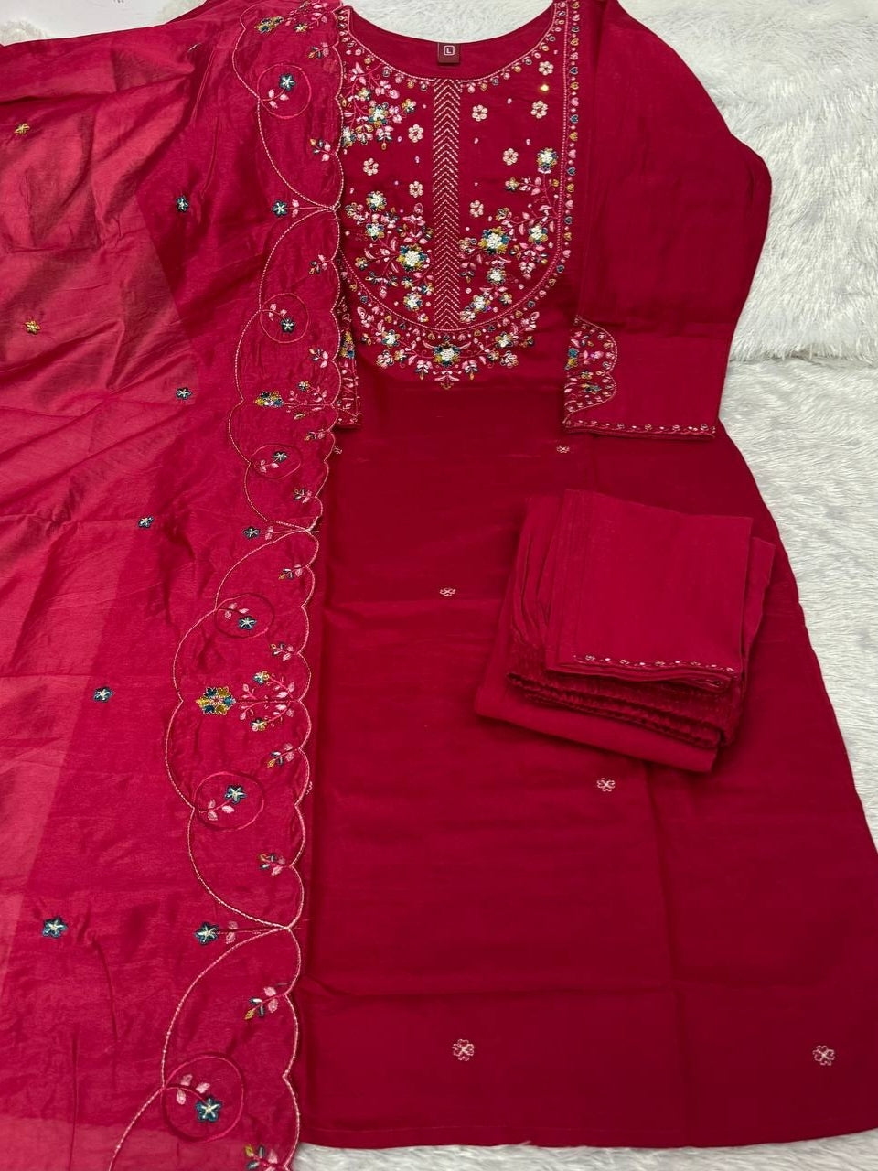 Wine Red Marina Silk Embroidered Suit Set with Dupatta