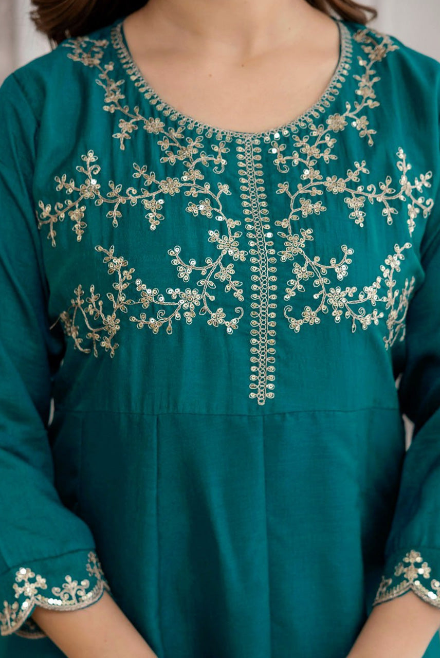 Teal Green Embroidered A-Line Kurta Set with Dupatta