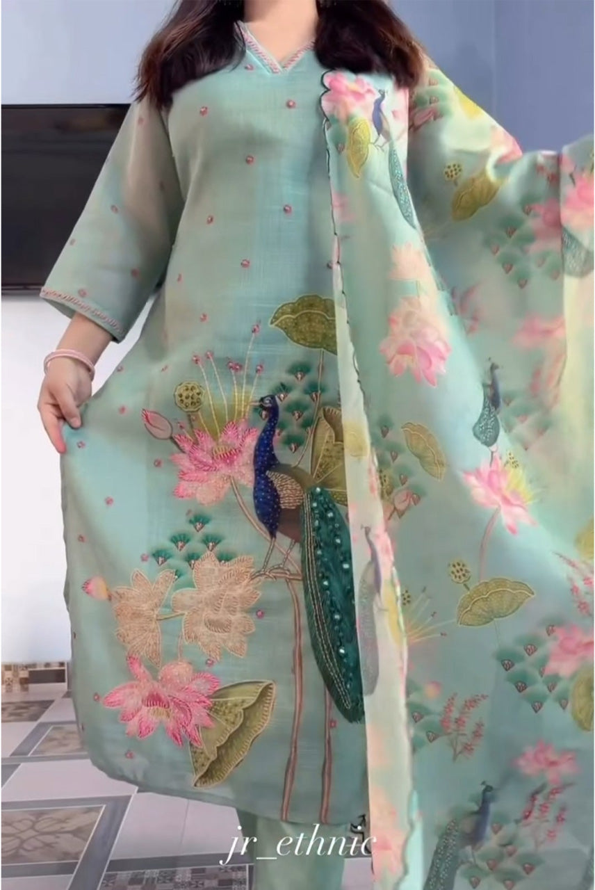 Mint Green Peacock Floral Printed Kurta Set with Dupatta