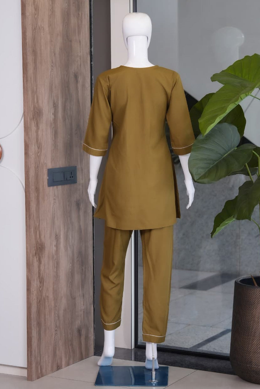 Olive Green Embroidered Co-Ord Set for Women
