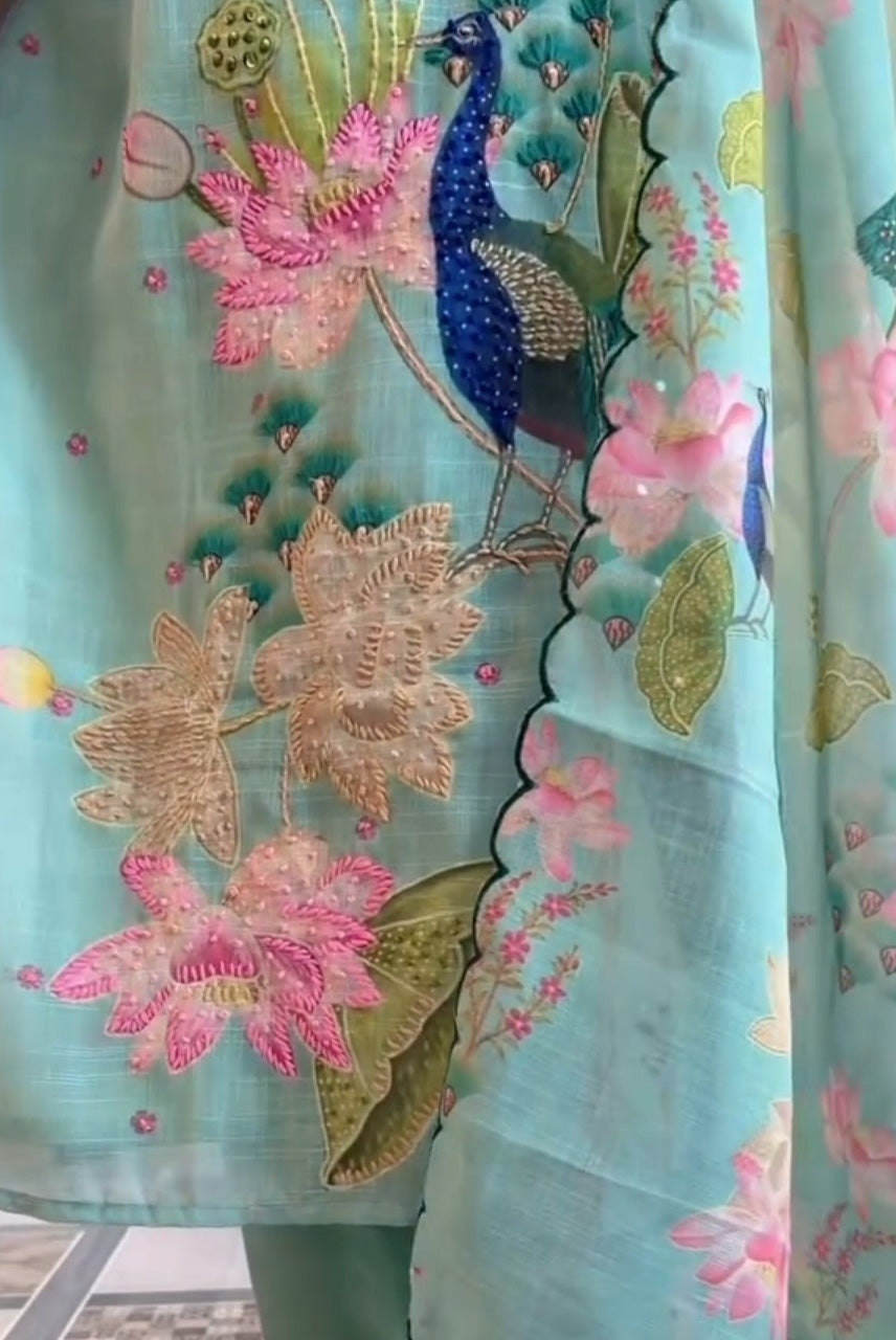 Mint Green Peacock Floral Printed Kurta Set with Dupatta