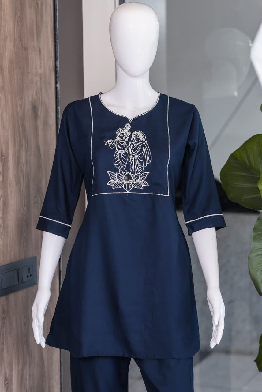 Navy Blue Embroidered Co-Ord Set for Women