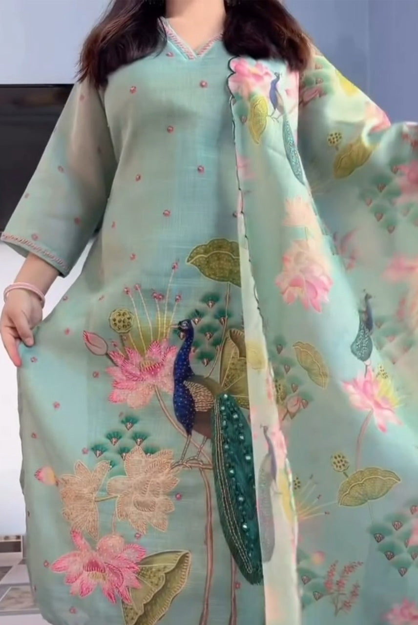 Mint Green Peacock Floral Printed Kurta Set with Dupatta