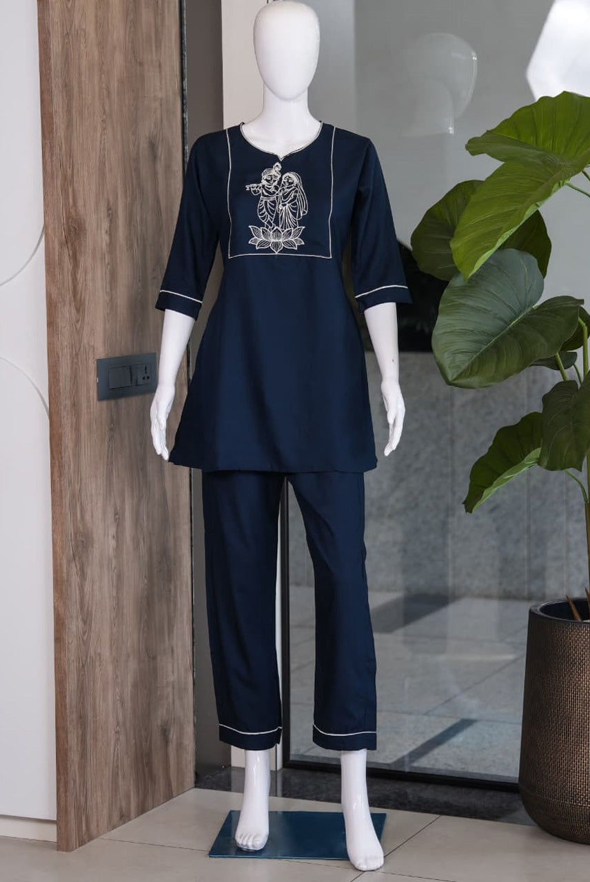 Navy Blue Embroidered Co-Ord Set for Women