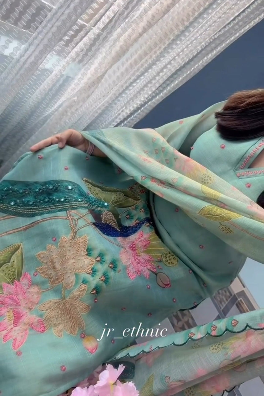 Mint Green Peacock Floral Printed Kurta Set with Dupatta