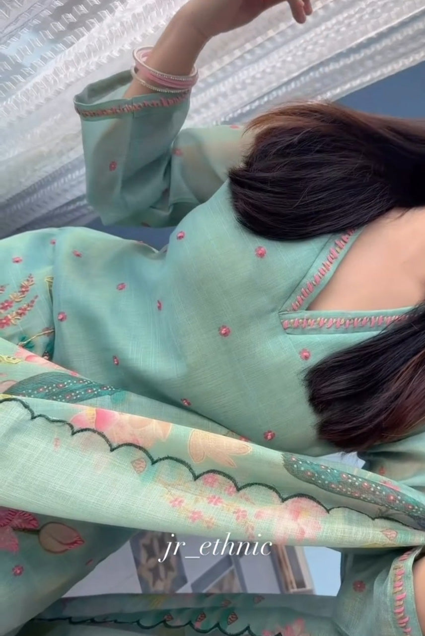 Mint Green Peacock Floral Printed Kurta Set with Dupatta
