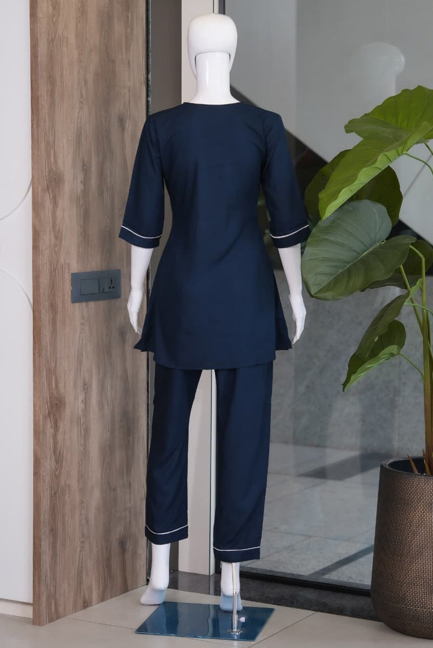 Navy Blue Embroidered Co-Ord Set for Women