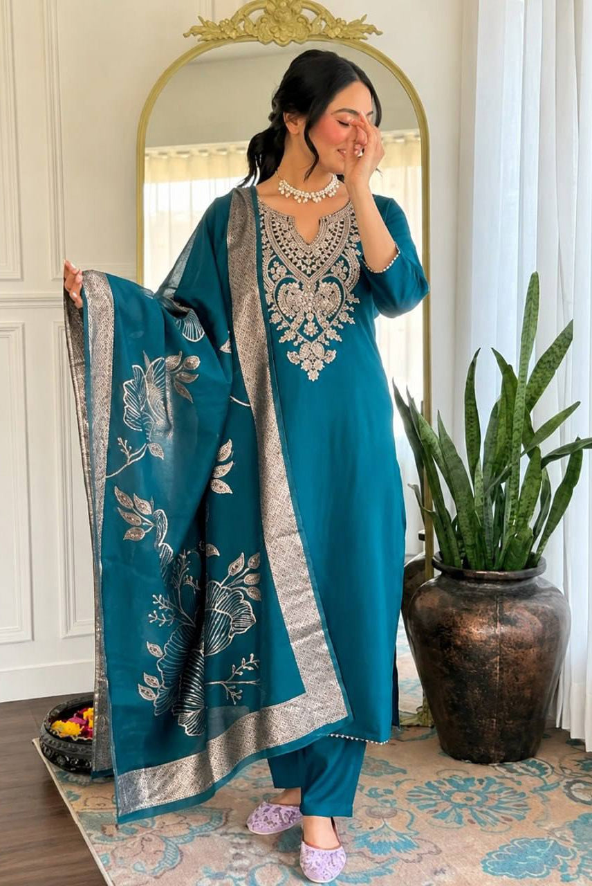Teal Blue Embroidered Kurta Pant Set with Floral Printed Dupatta