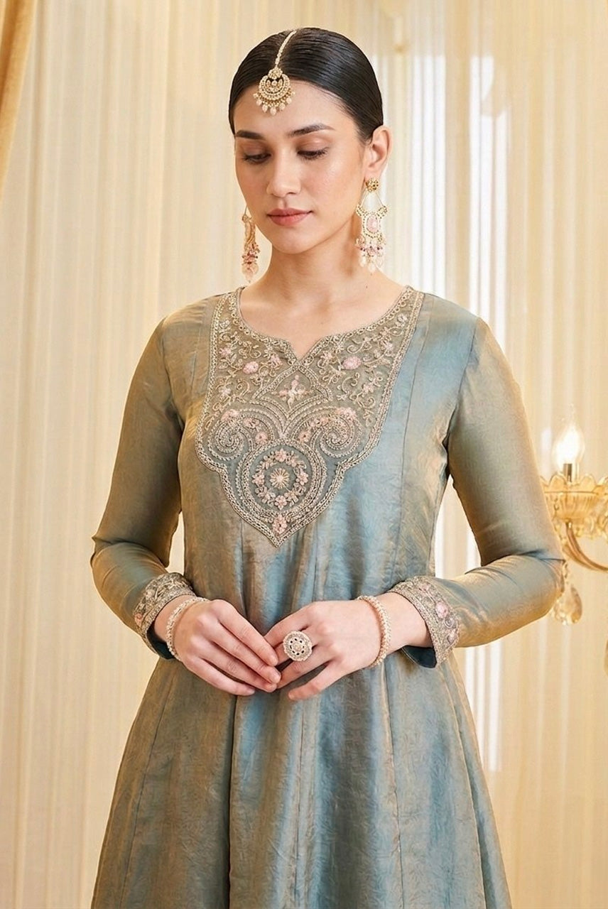 Dusty Sage Green Embroidered A-Line Kurta Palazzo Set with Dupatta