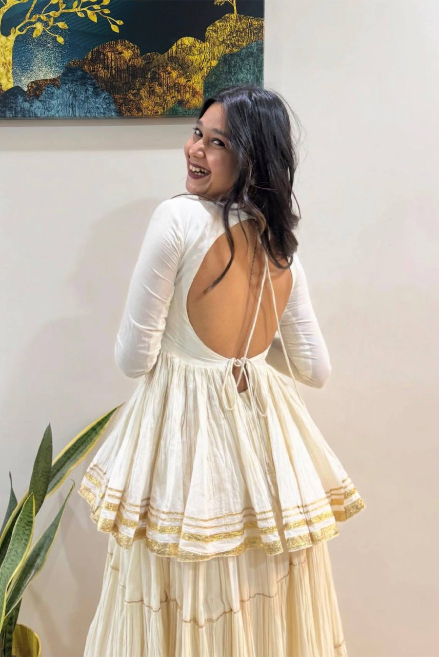 Ivory White Tiered Anarkali Gown with Ruffle Dupatta