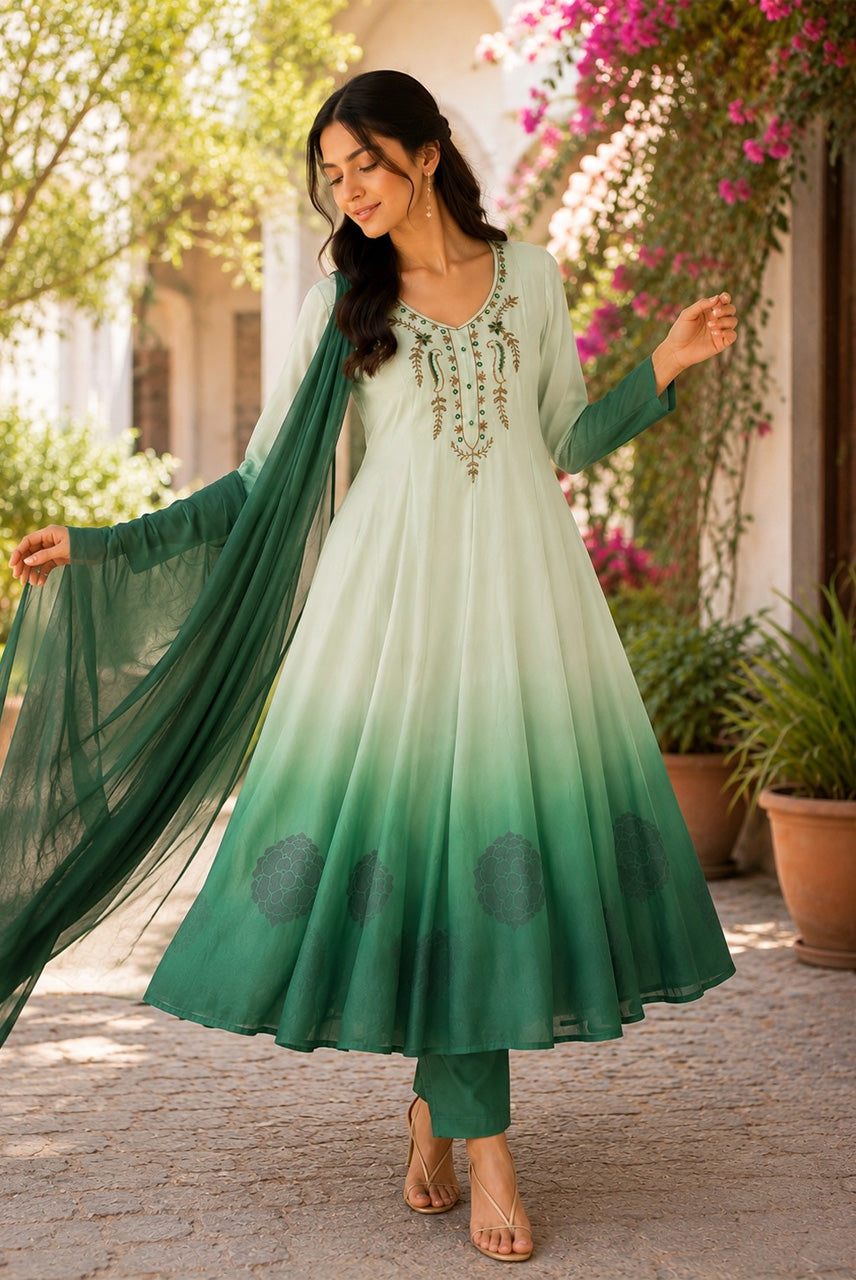Sage Green Ombre Embroidered Anarkali Kurta Set with Dupatta