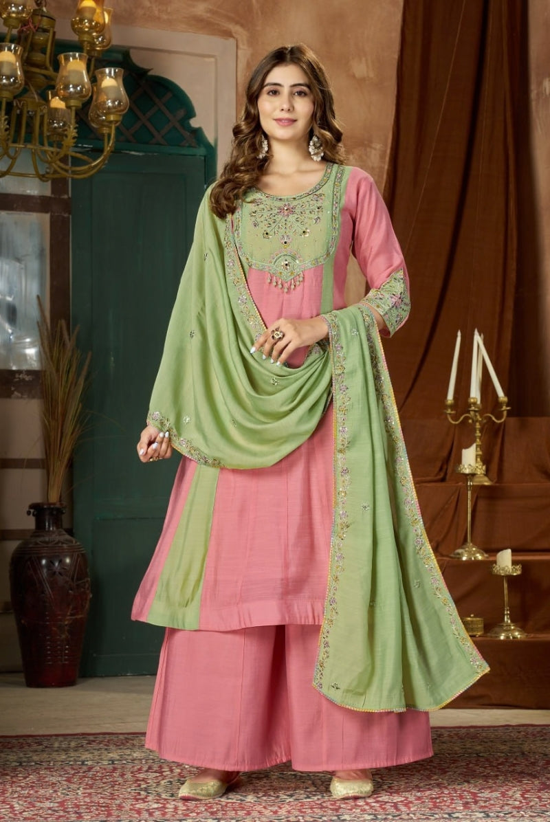 Pink & Mint Green Embroidered Mal Chanderi Kurta Set with Dupatta