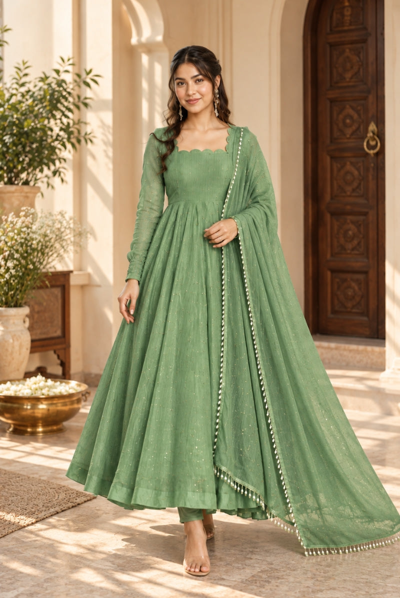 Sage Green Salsa Silk Anarkali Suit Set with Dupatta