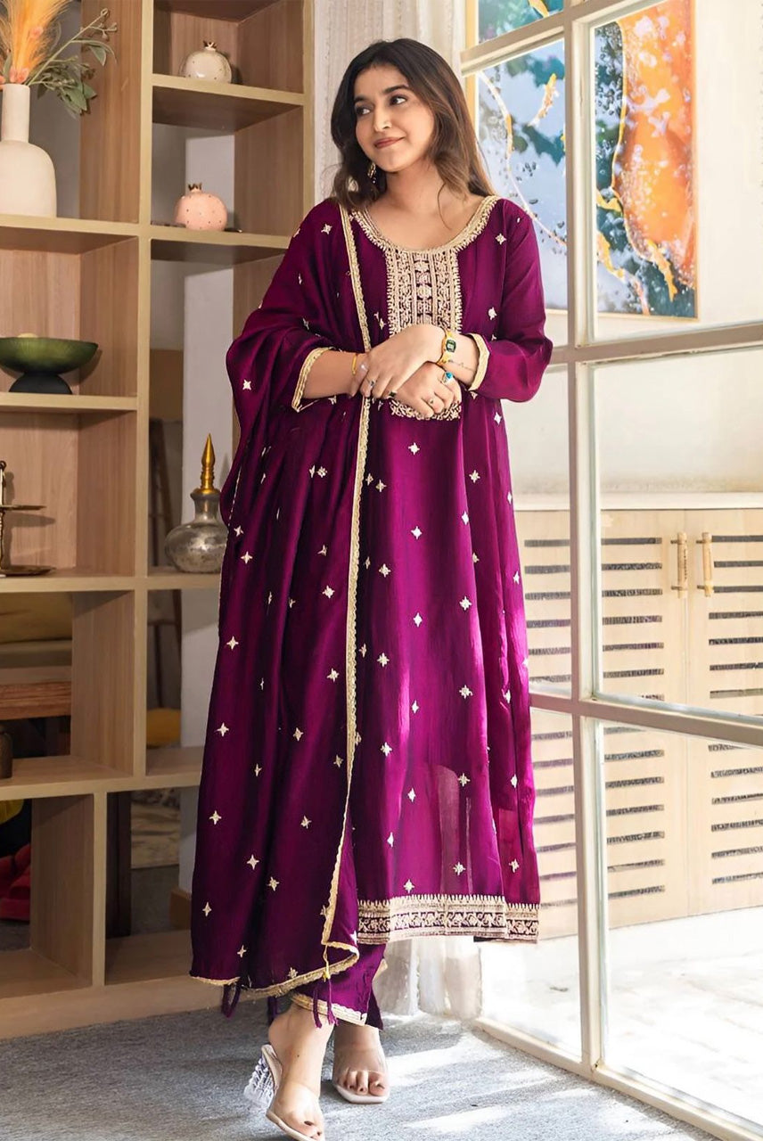 Wine Purple Embroidered Kurta Set with Dupatta