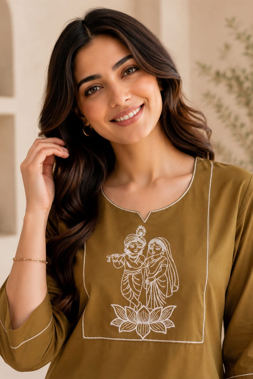 Olive Green Embroidered Co-Ord Set for Women