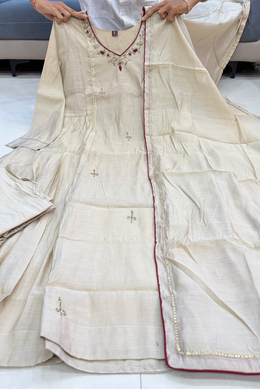 Ivory Embroidered A-Line Kurta Set with Contrast Dupatta