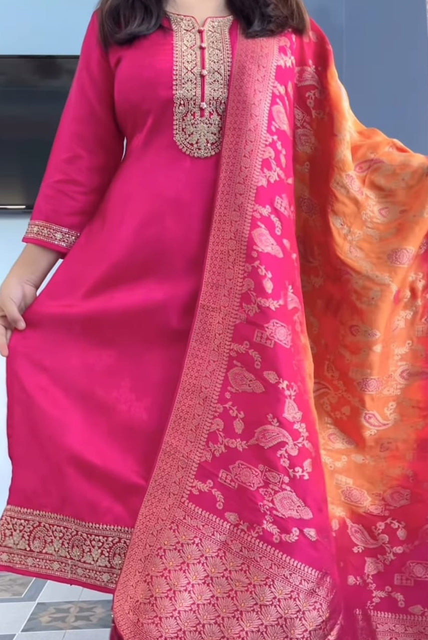 Rani Pink Festive Suit Set with Jacquard Dupatta