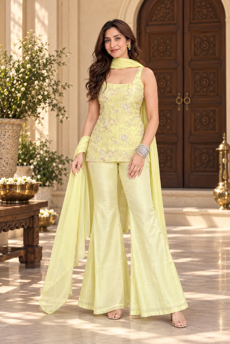 Pastel Yellow Floral Embroidered Faux Georgette Sharara Set
