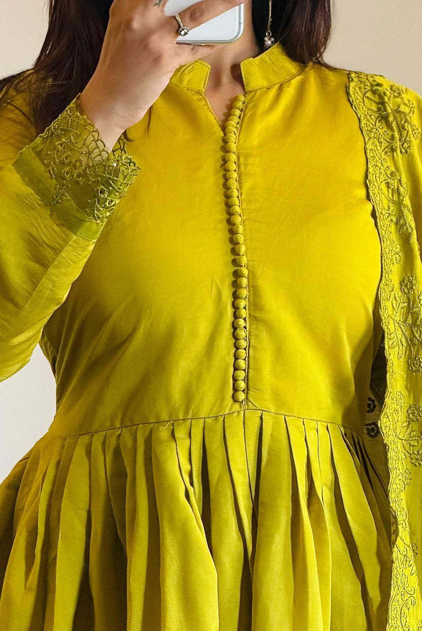 Lime Green Embroidered Anarkali Suit Set with Dupatta