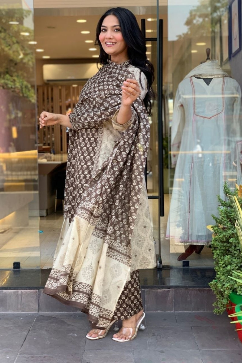Brown & Ivory Printed Jaipur Cotton Suit Set with Dupatta