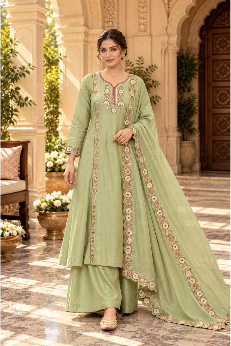 Green Floral Embroidered Mal Chanderi Kurta Set with Dupatta