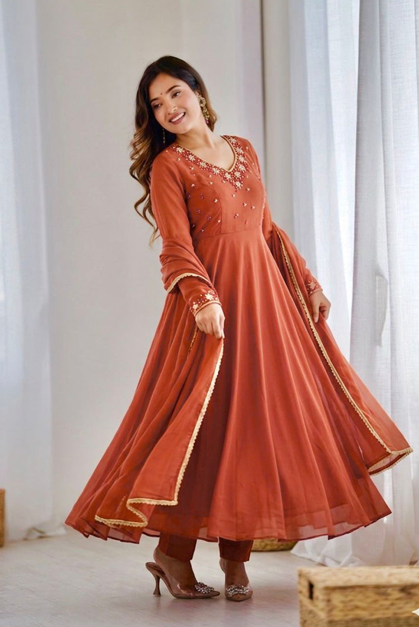 Rust Orange Embroidered Anarkali Kurta Set with Dupatta