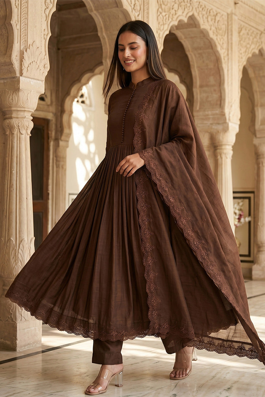 Cocoa Royale Brown Anarkali Kurta Set with Designer Dupatta
