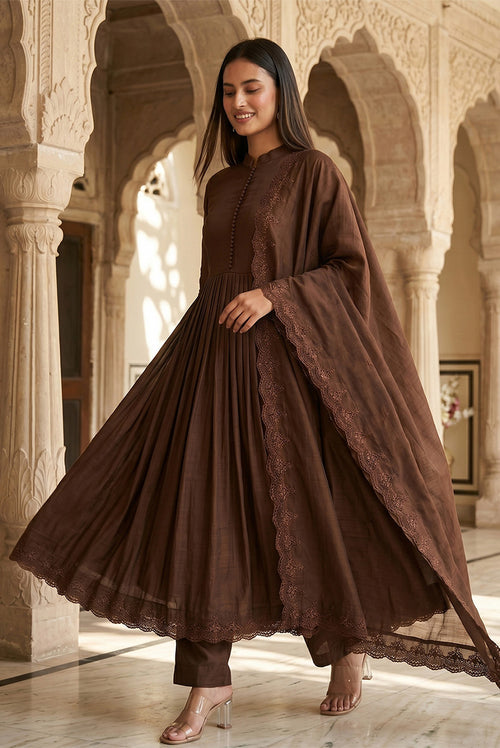 Cocoa Royale Brown Anarkali Kurta Set with Designer Dupatta