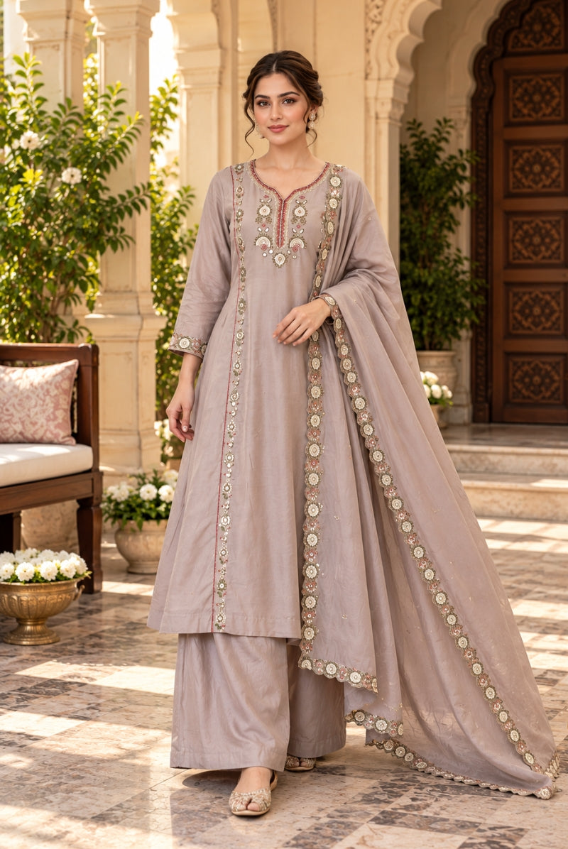 Lavender Embroidered Mal Chanderi Kurta Set with Dupatta