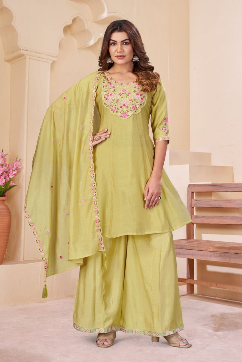 Lime Green & Pink Floral Embroidered Mal Chanderi Kurta Set with Dupatta