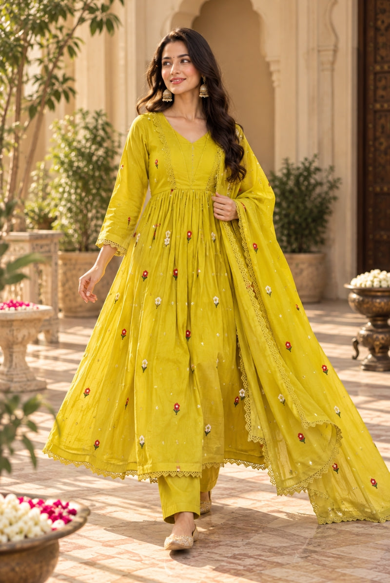 Yellow Embroidered Pure Mal Chanderi Anarkali Suit Set