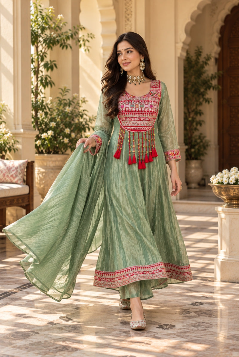Sage Green Embroidered Salsa Crush Silk Anarkali Pant Dupatta Set