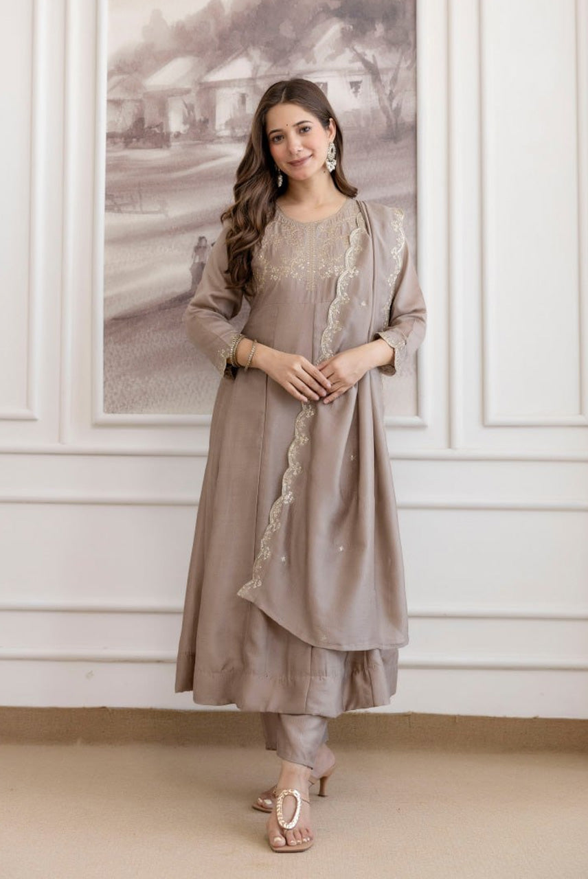 Taupe Embroidered A-Line Kurta Set with Dupatta