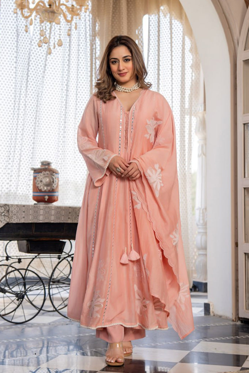 Peach Embroidered A-Line Kurta Set with Dupatta