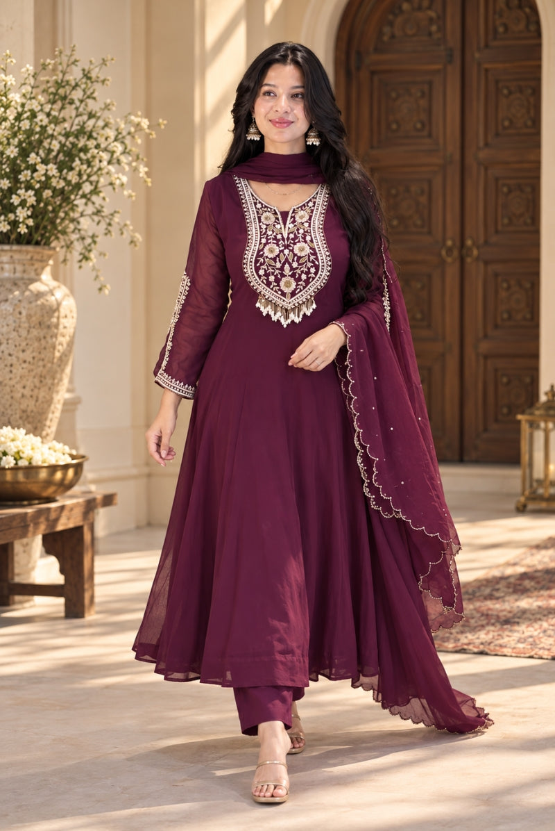 Wine Embroidered Faux Georgette Anarkali Suit Set with Dupatta