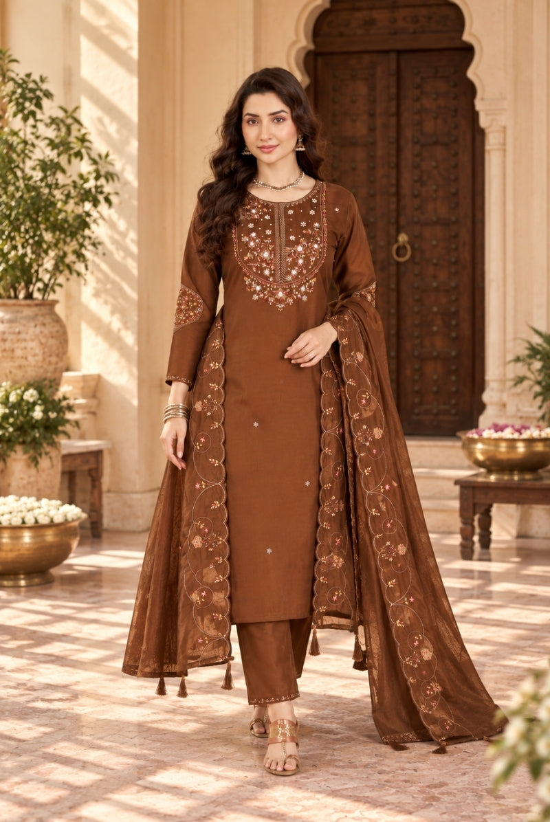 Chocolate Brown Marina Silk Embroidered Suit Set with Dupatta