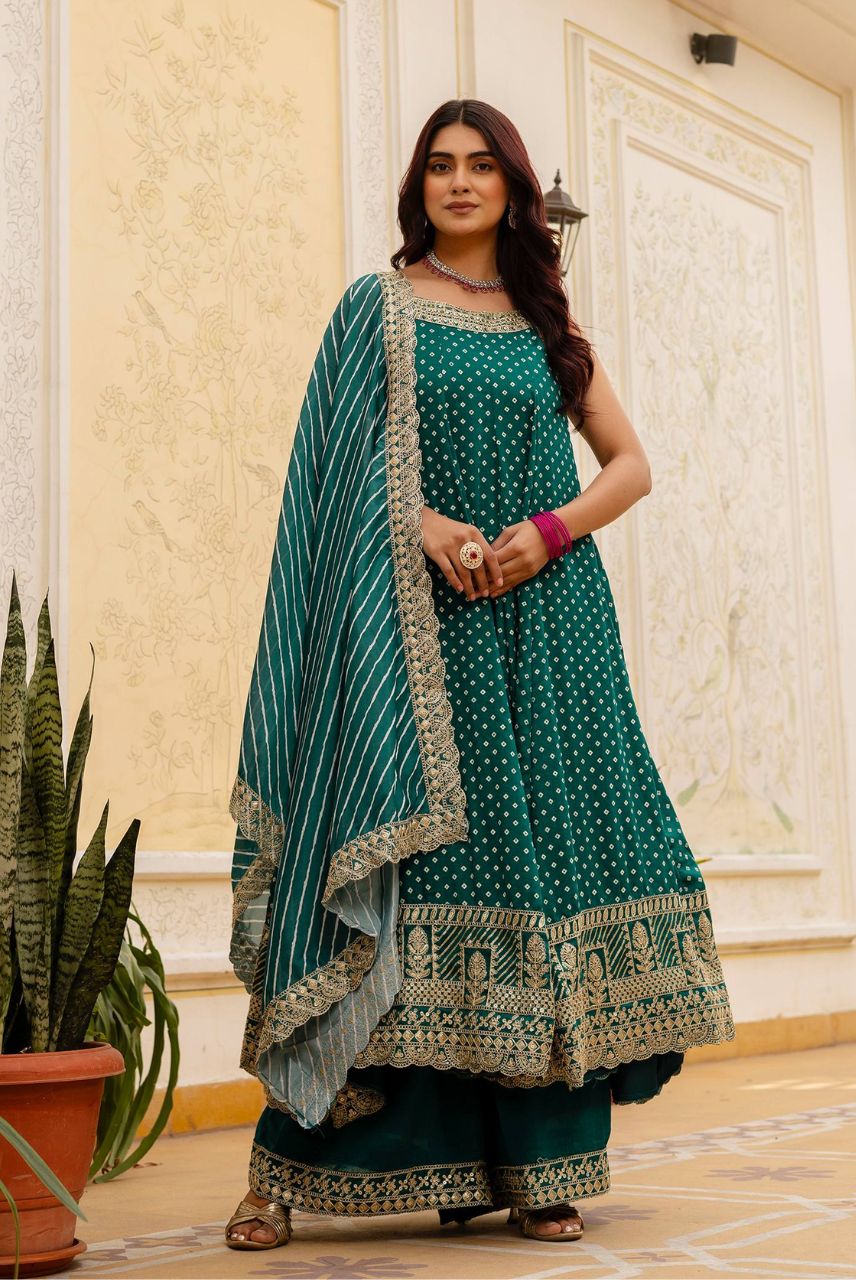 Teal Green Bandhani Vichitra Silk Embroidered Anarkali Suit Set with Leheriya Dupatta