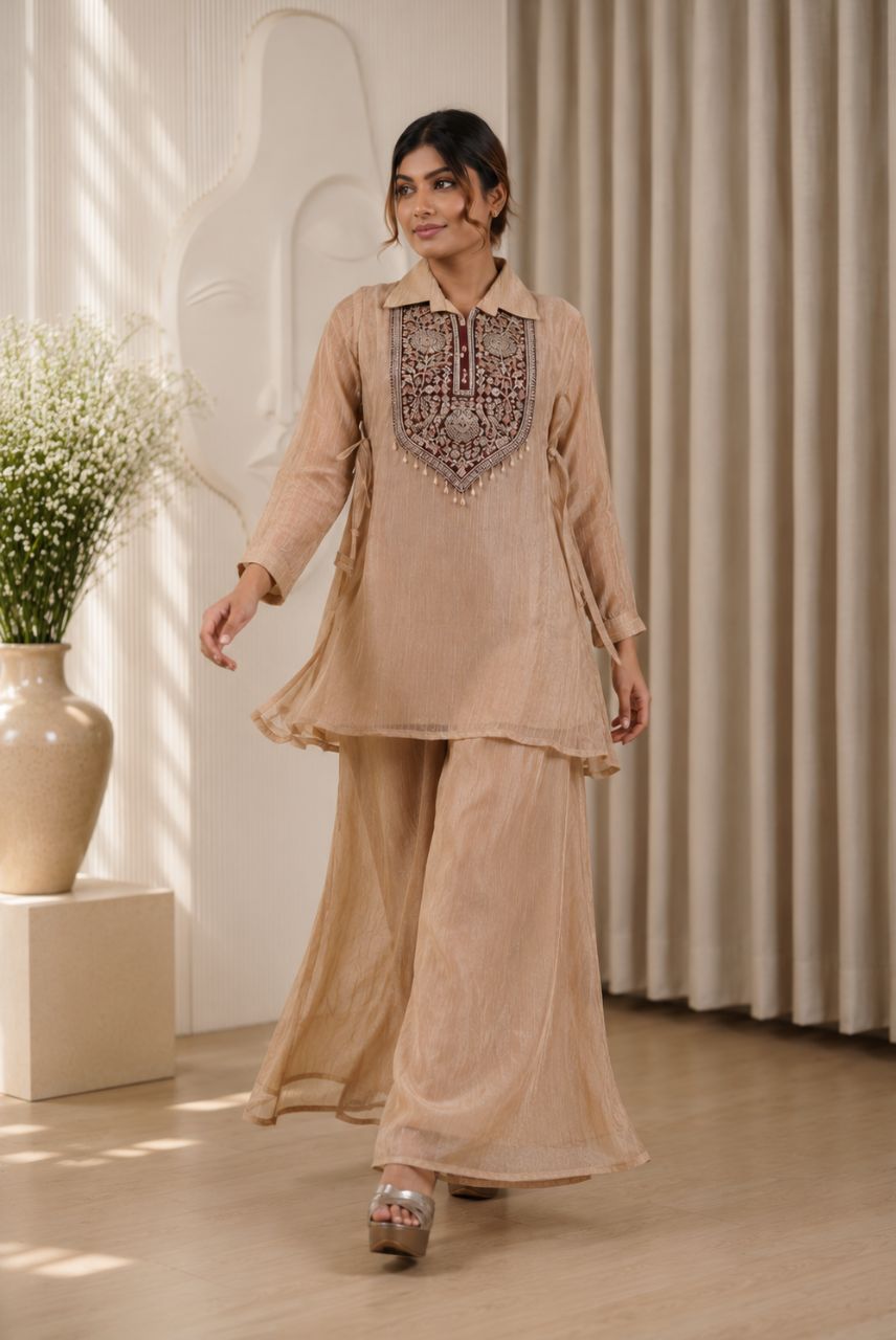 Beige Salsa Fabric Embroidered Kaftan Set with Palazzo