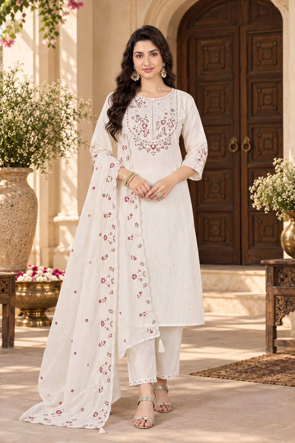 Ivory Marina Silk Embroidered Suit Set with Dupatta
