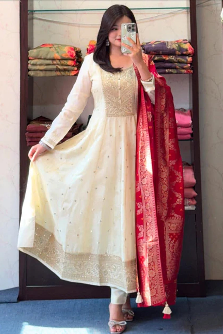 Anarkali Suit Set with Red Banarasi Dupatta