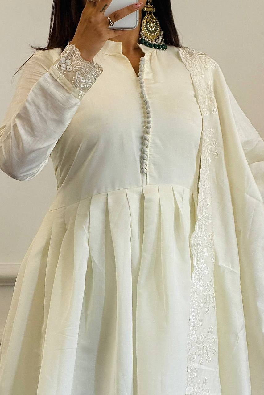 White Embroidered Anarkali Suit Set with Dupatta