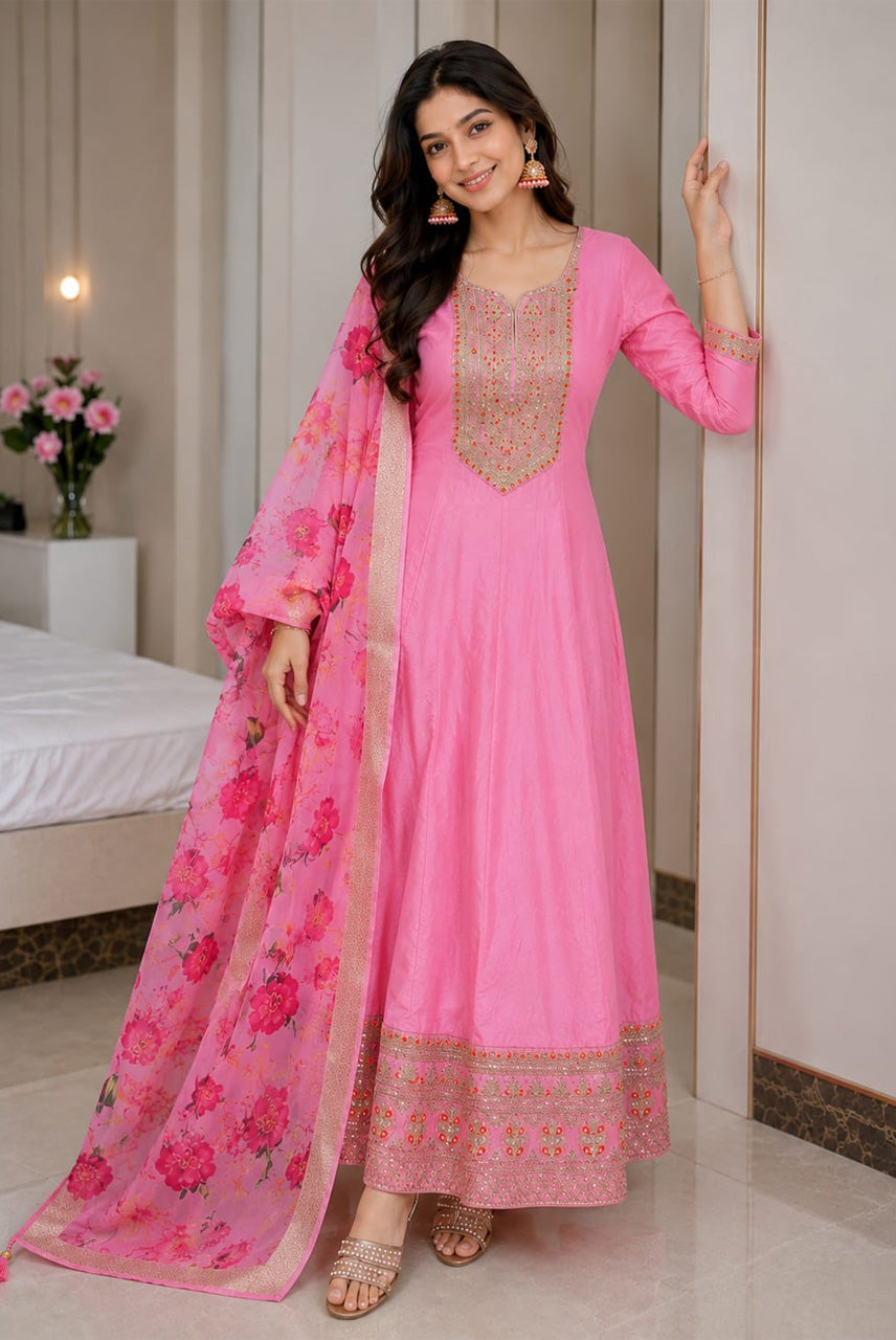 Gulnaar Rani – Pink Zari Anarkali Dupatta Set