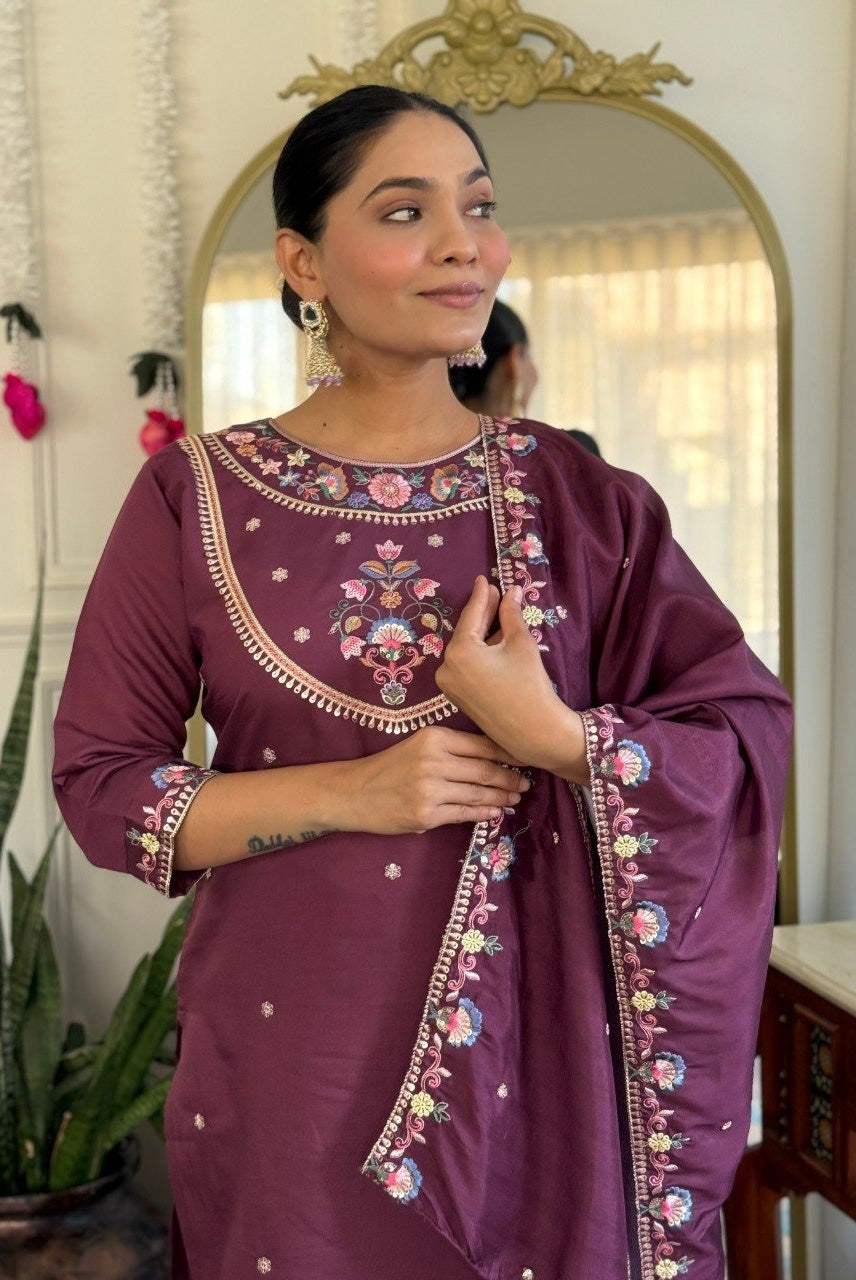 Wine Purple Floral Embroidered Kurta Set with Dupatta