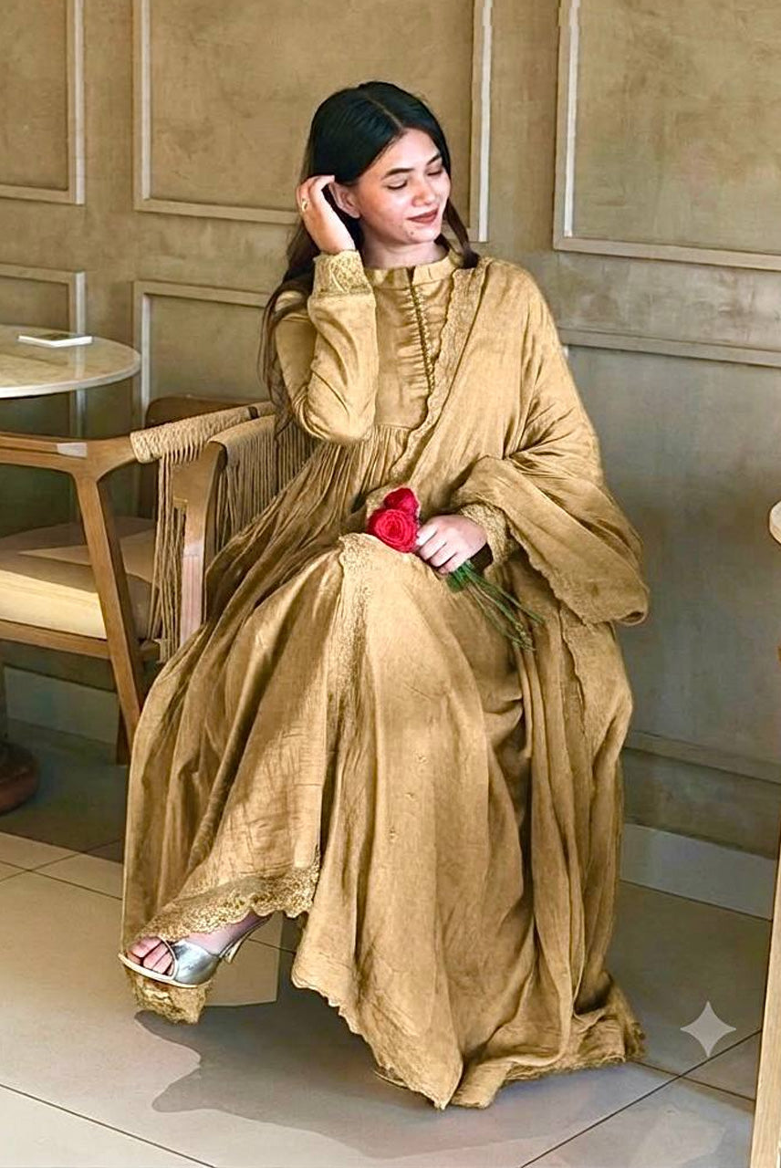 Champagne Beige Embroidered Anarkali Suit Set with Dupatta