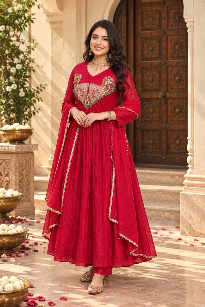 Red Wine Embroidered Pure Mal Chanderi Anarkali Suit Set