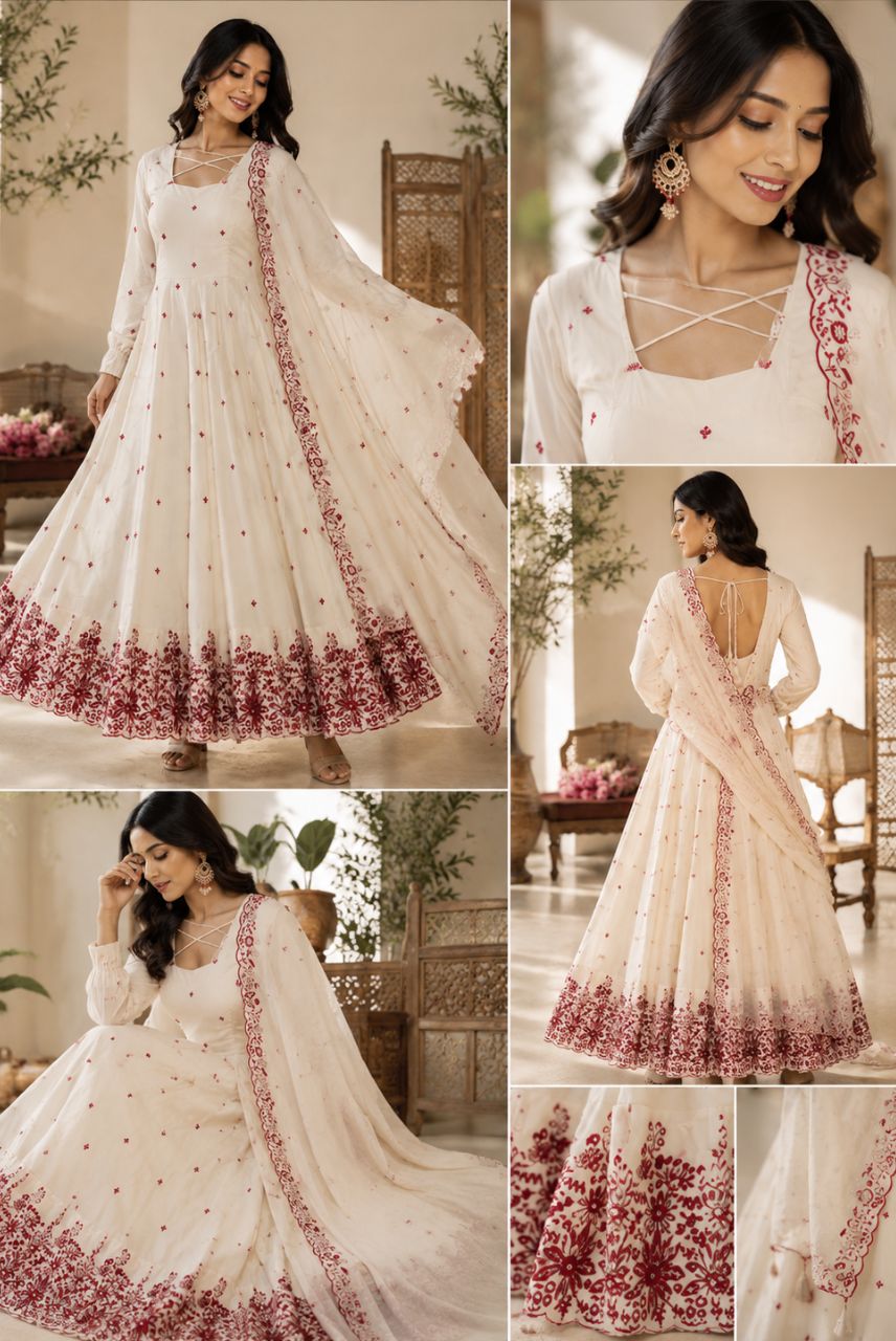 Off-White Embroidered Anarkali Kurta Set with Dupatta