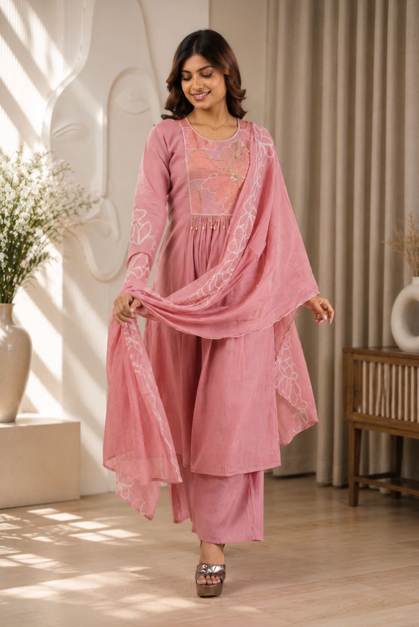 Dusty Rose Mul Chanderi Floral Embroidered Kurta Set with Dupatta