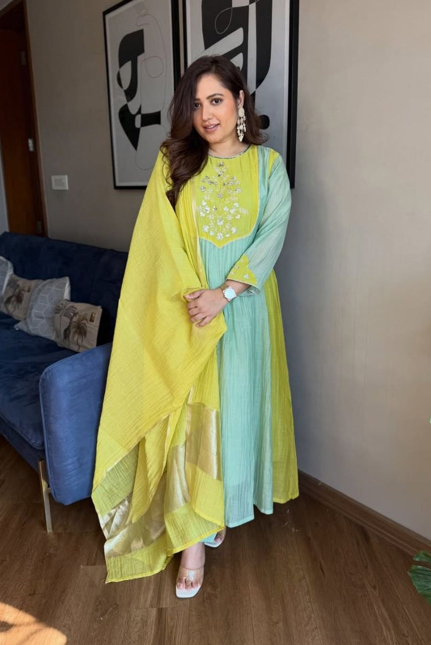 Lime Green & Mint Embroidered Anarkali Kurta Set with Dupatta