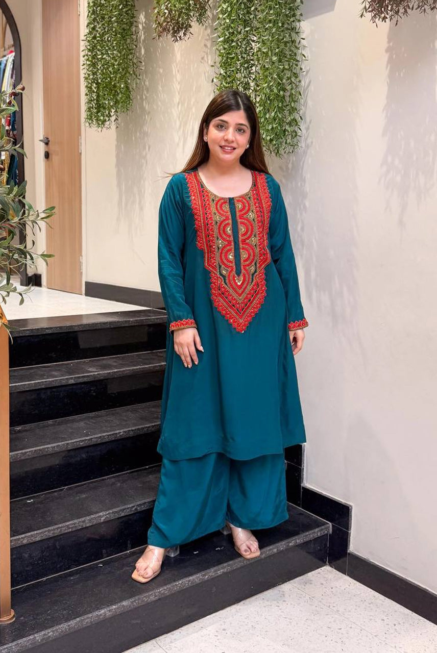 Teal Blue Embroidered Kurta Set with Palazzo